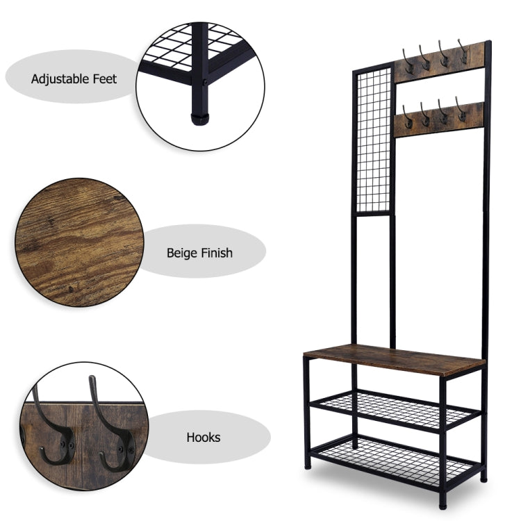 [US Warehouse] 3 in 1 Iron Coat Rack Storage Shelf Organizer with 2-layer Grid Shoe Rack, Size: 72x33.7x180cm