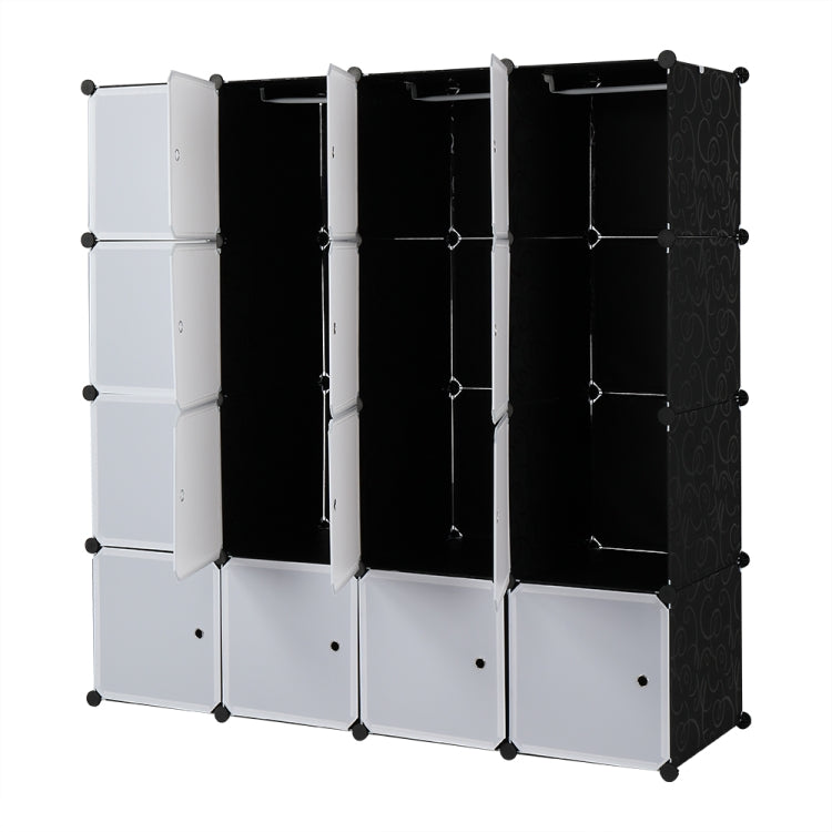 [US Warehouse] 4 Layers 16 Grids Free Assembly DIY Lattice Shoe Rack Organizer Storage Rack Tower Shelf Storage Cabinet Stand with 3 Clothes Rails, Deepened Version