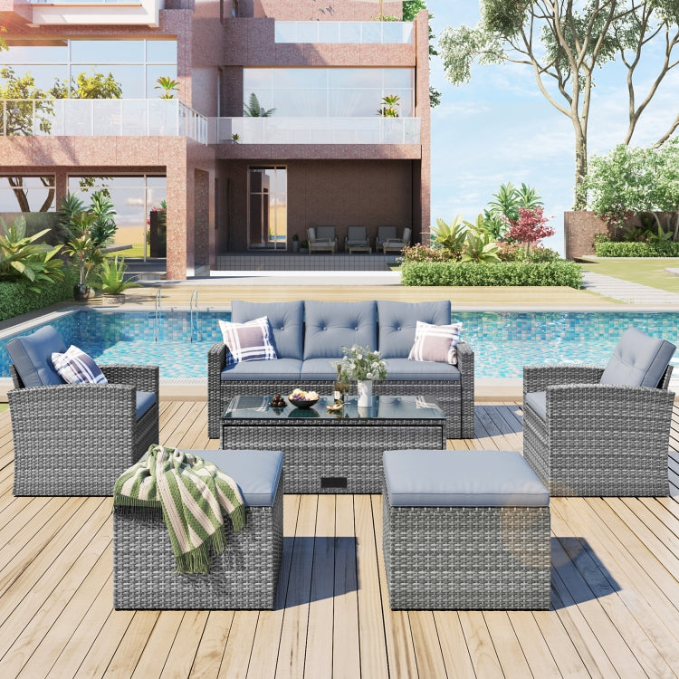 [US Warehouse] 6 PCS / Set Outdoor Patio Wicker PE Rattan Dining Conversation Sectional Furniture Set
