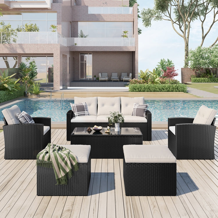 [US Warehouse] 6 PCS / Set Outdoor Patio Wicker PE Rattan Dining Conversation Sectional Furniture Set