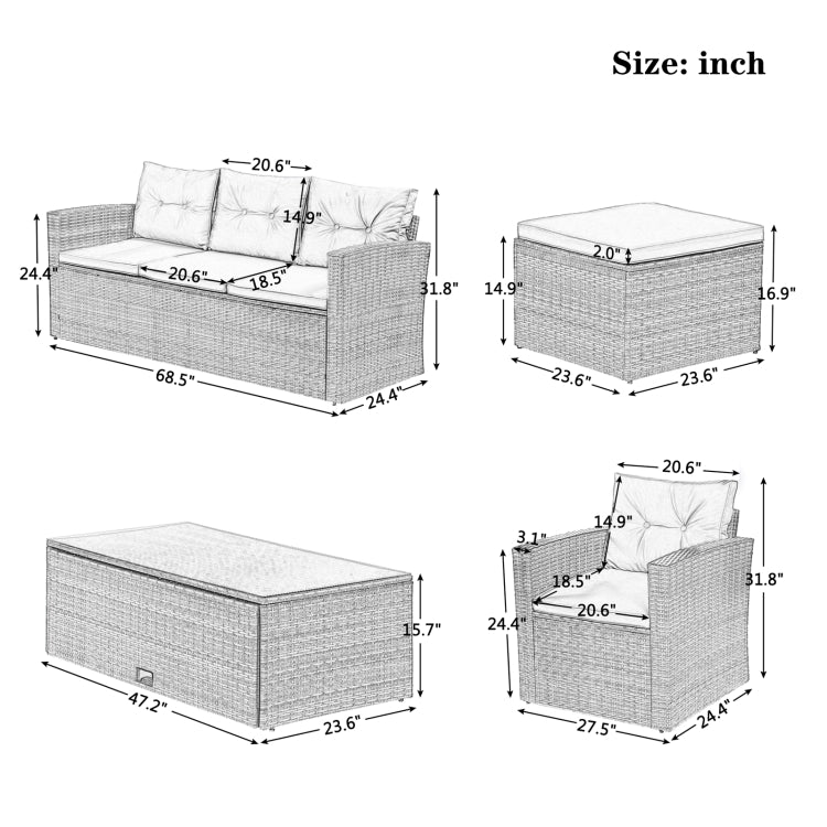 [US Warehouse] 6 PCS / Set Outdoor Patio Wicker PE Rattan Dining Conversation Sectional Furniture Set