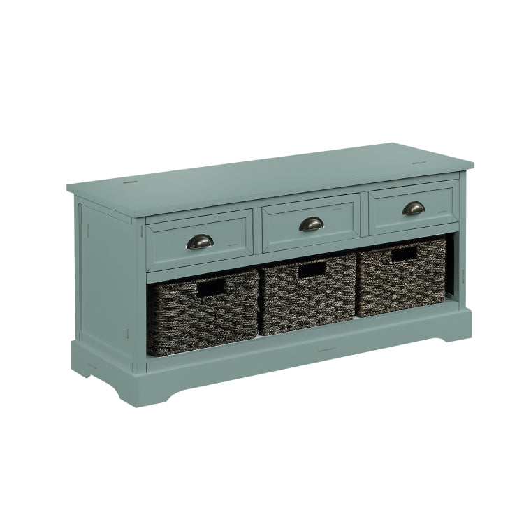 [US Warehouse] Wood Storage Bench with 3 Drawers & 3 Woven Baskets (Green)