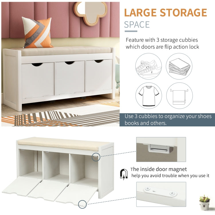 [US Warehouse] Storage Bench with Removale Cushion & 3 Flip Lock Storage Cubbies, Size: 39x14x19.8 inch (White)