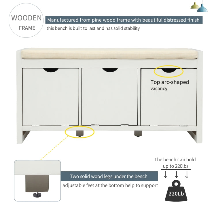 [US Warehouse] Storage Bench with Removale Cushion & 3 Flip Lock Storage Cubbies, Size: 39x14x19.8 inch (White)