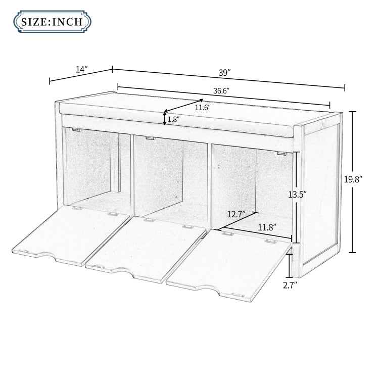 [US Warehouse] Storage Bench with Removale Cushion & 3 Flip Lock Storage Cubbies, Size: 39x14x19.8 inch (White)