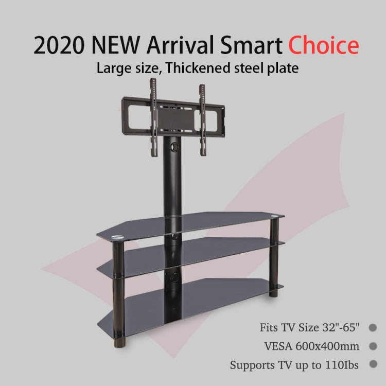 [US Warehouse] 32-65 inch 3-Tier Trapezoid Surface Tempered Glass Corner Floor TV Cabinet Frame Shelves with Swivel Bracket