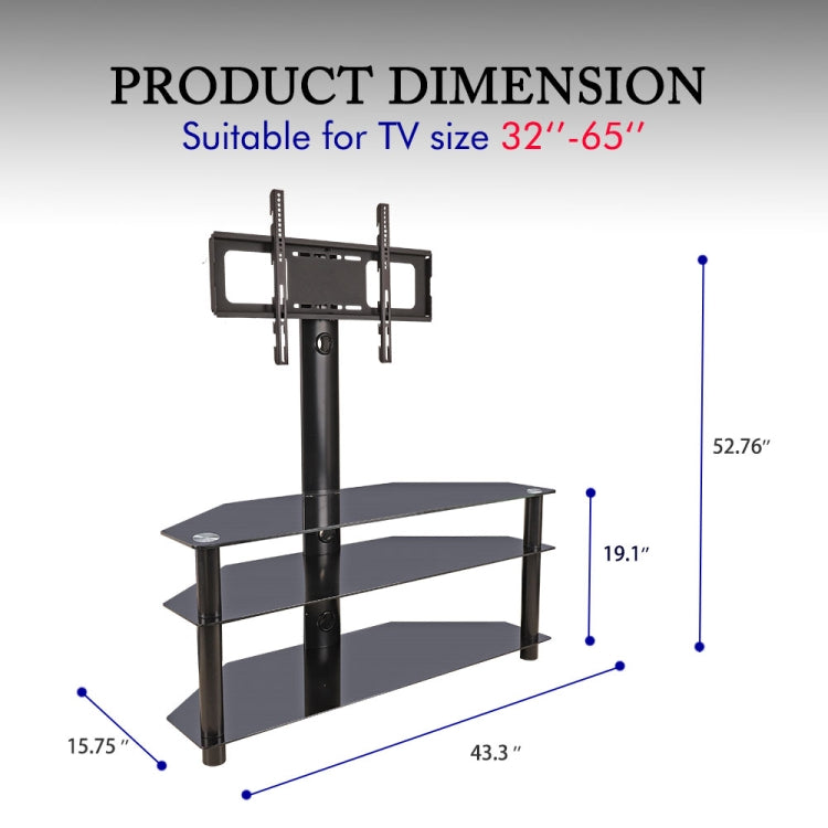 [US Warehouse] 32-65 inch 3-Tier Trapezoid Surface Tempered Glass Corner Floor TV Cabinet Frame Shelves with Swivel Bracket