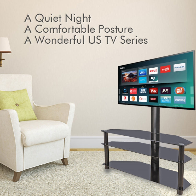 [US Warehouse] 32-65 inch 3-Tier Trapezoid Surface Tempered Glass Corner Floor TV Cabinet Frame Shelves with Swivel Bracket