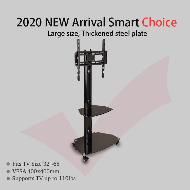 [US Warehouse] 32-65 inch 3-Tier Simple Removable Tempered Glass TV Cabinet Frame Shelves with Omni-directional Wheel