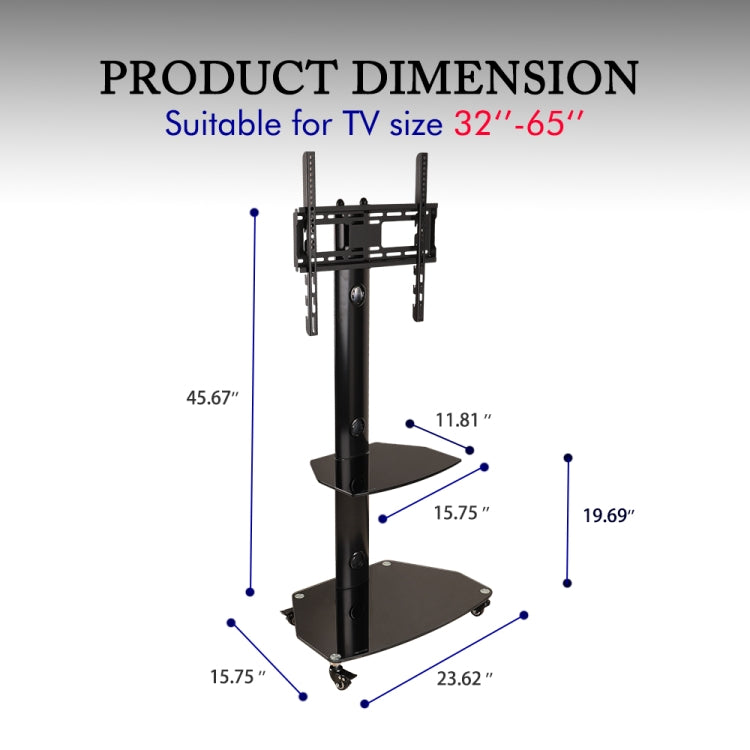 [US Warehouse] 32-65 inch 3-Tier Simple Removable Tempered Glass TV Cabinet Frame Shelves with Omni-directional Wheel