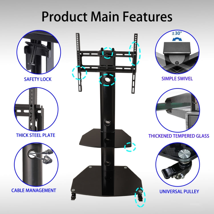 [US Warehouse] 32-65 inch 3-Tier Simple Removable Tempered Glass TV Cabinet Frame Shelves with Omni-directional Wheel