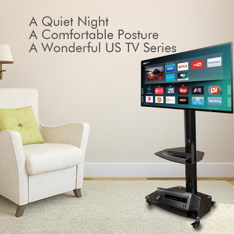 [US Warehouse] 32-65 inch 3-Tier Simple Removable Tempered Glass TV Cabinet Frame Shelves with Omni-directional Wheel