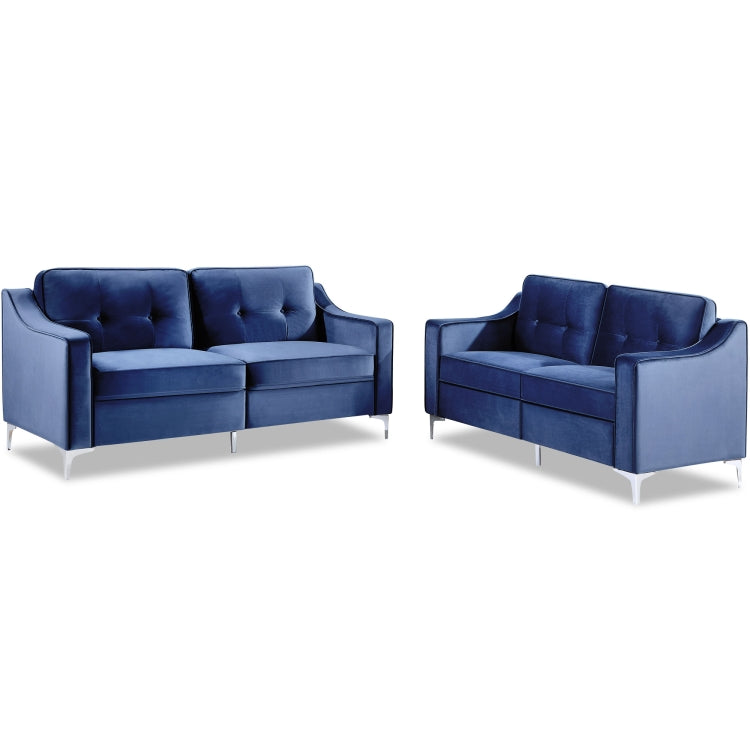 [US Warehouse] 2 In 1 2 Seats + 3 Seats Classic Modern Tufted Velvet Upholstered Loveseat Sofa Set (Blue)
