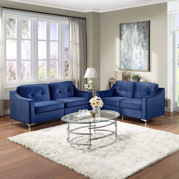 [US Warehouse] 2 In 1 2 Seats + 3 Seats Classic Modern Tufted Velvet Upholstered Loveseat Sofa Set (Blue)