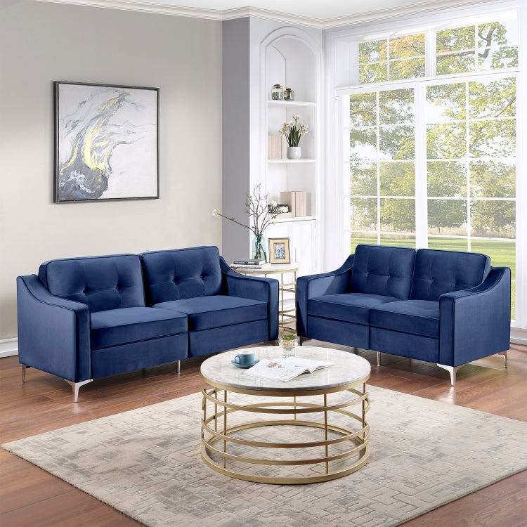 [US Warehouse] 2 In 1 2 Seats + 3 Seats Classic Modern Tufted Velvet Upholstered Loveseat Sofa Set (Blue)