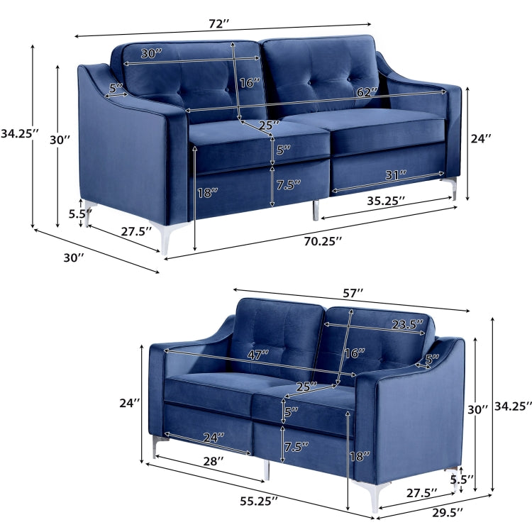 [US Warehouse] 2 In 1 2 Seats + 3 Seats Classic Modern Tufted Velvet Upholstered Loveseat Sofa Set (Blue)