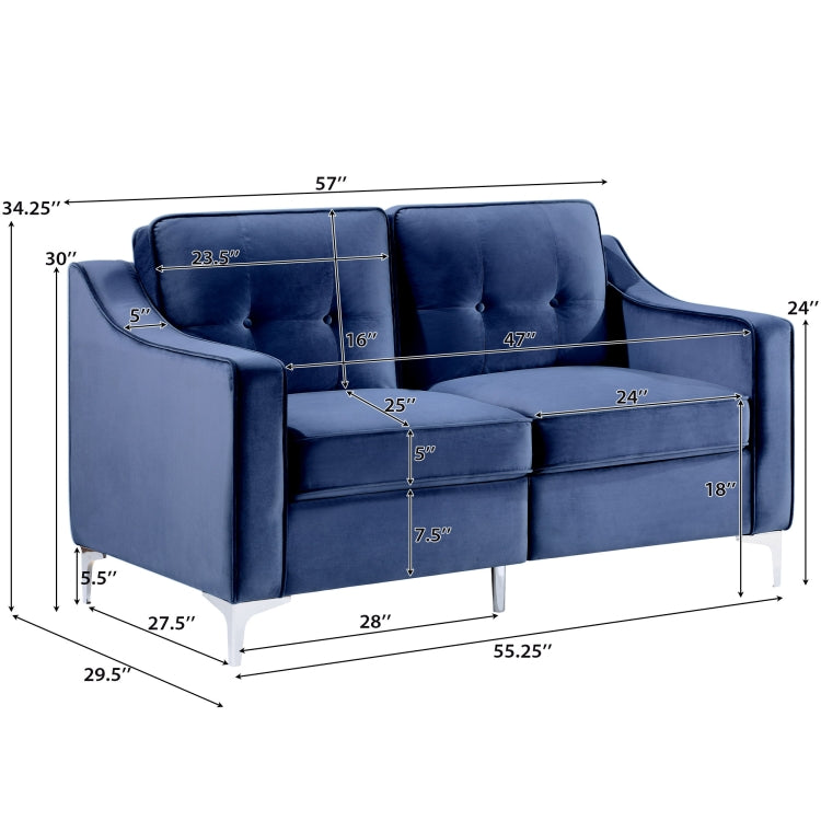 [US Warehouse] 2 Seats Classic Modern Tufted Velvet Upholstered Loveseat Sofa(Blue)