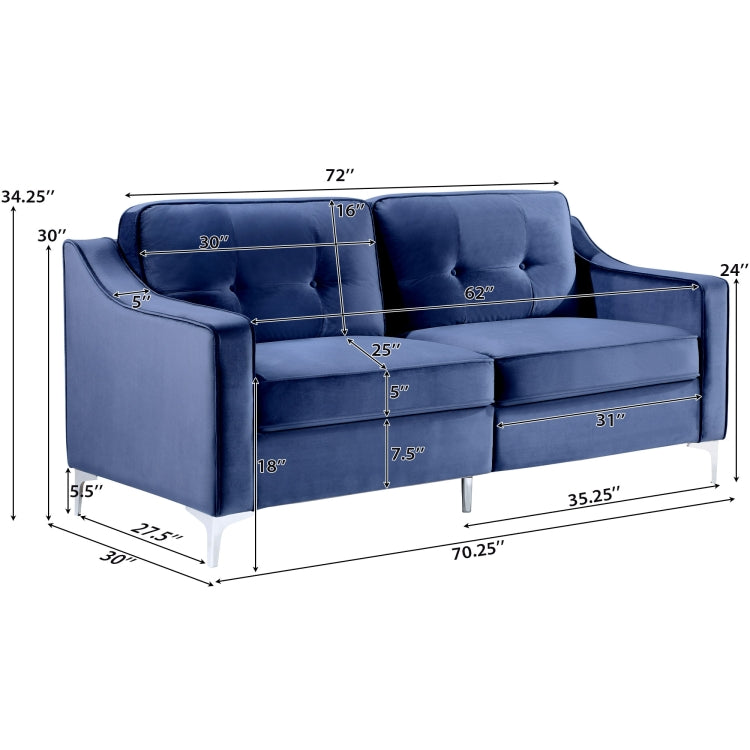 [US Warehouse] 3 Seats Classic Modern Tufted Velvet Upholstered Loveseat Sofa (Blue)