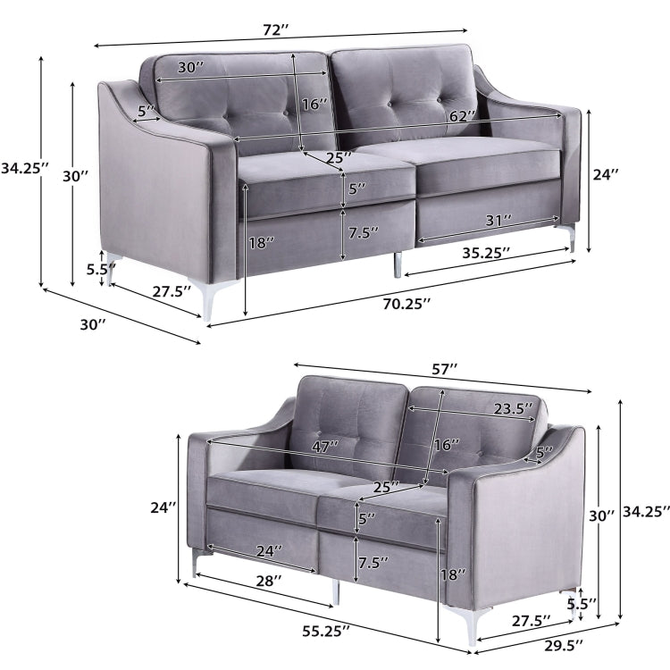 [US Warehouse] 2 In 1 2 Seats + 3 Seats Classic Modern Tufted Velvet Upholstered Loveseat Sofa Set (Grey)