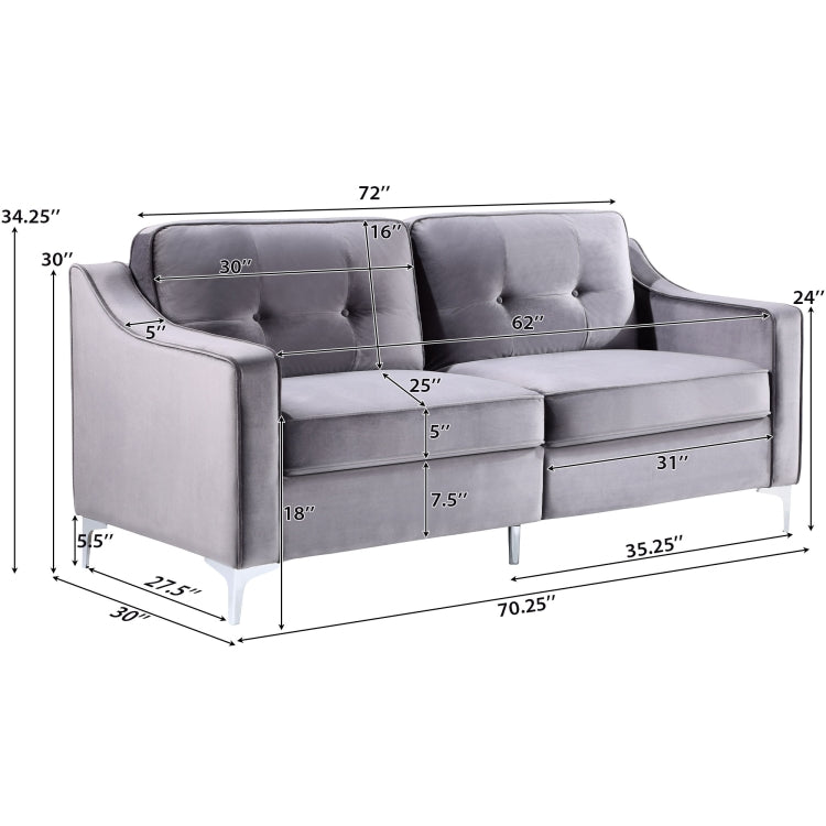[US Warehouse] 3 Seats Classic Modern Tufted Velvet Upholstered Loveseat Sofa (Grey)