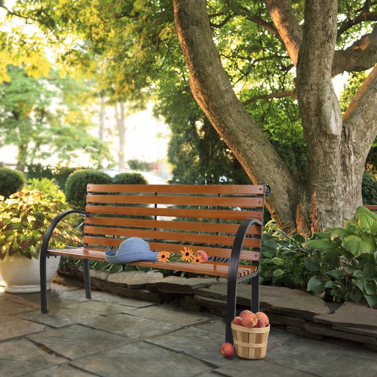 [US Warehouse] 48 inch Outdoor Garden Hardwood Slotted Steel Cast Iron Frame Patio Bench Park Seat