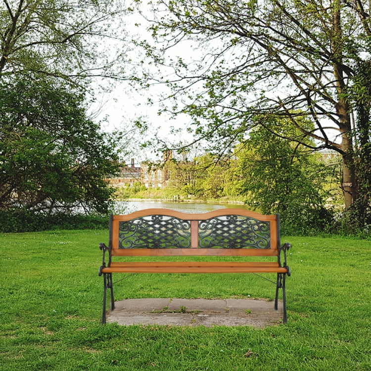 [US Warehouse] 49 inch Outdoor Garden Double Arch Hardwood Slats Cast Iron Frame Patio Bench Park Seat