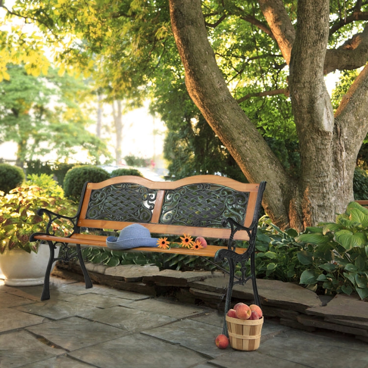 [US Warehouse] 49 inch Outdoor Garden Double Arch Hardwood Slats Cast Iron Frame Patio Bench Park Seat