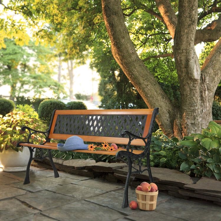[US Warehouse] 49 inch Hardwood Cast Iron Weave Style Outdoor Garden Patio Bench Park Seat