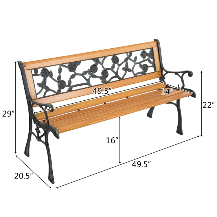 [US Warehouse] 49 inch Hardwood Cast Iron Rose Style Outdoor Garden Patio Bench Park Seat