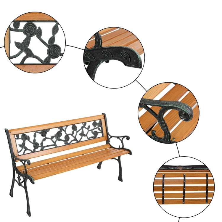[US Warehouse] 49 inch Hardwood Cast Iron Rose Style Outdoor Garden Patio Bench Park Seat