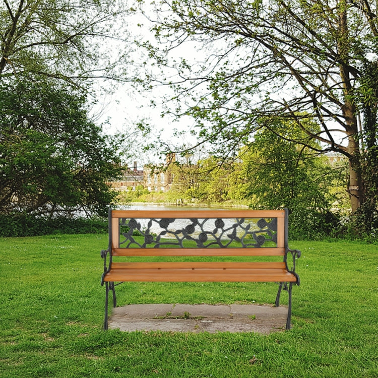 [US Warehouse] 49 inch Hardwood Cast Iron Rose Style Outdoor Garden Patio Bench Park Seat
