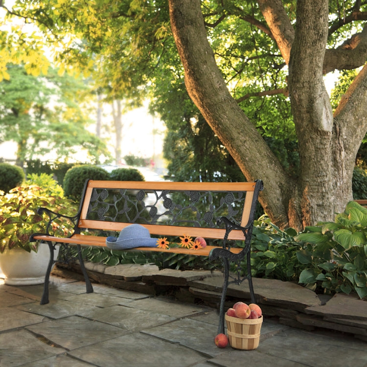 [US Warehouse] 49 inch Hardwood Cast Iron Rose Style Outdoor Garden Patio Bench Park Seat