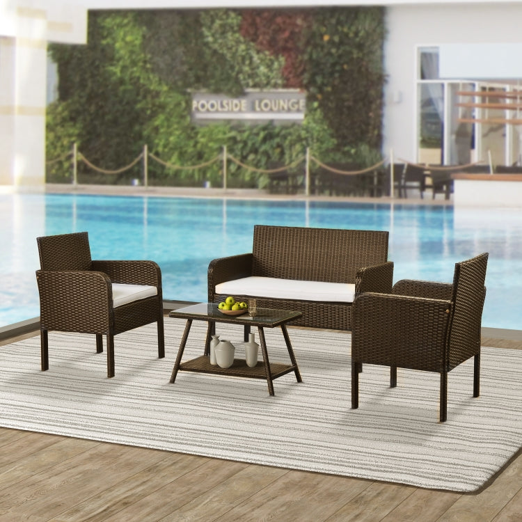 [US Warehouse] 4 PCS / Set Outdoor Rattan Table Sofa Seating Furniture Set