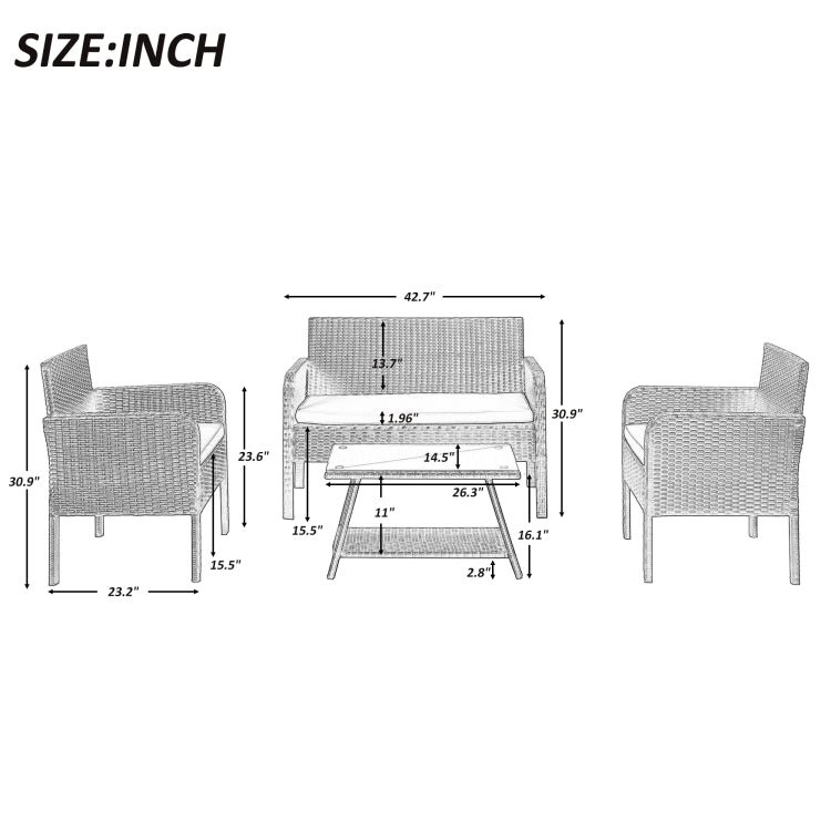 [US Warehouse] 4 PCS / Set Outdoor Rattan Table Sofa Seating Furniture Set