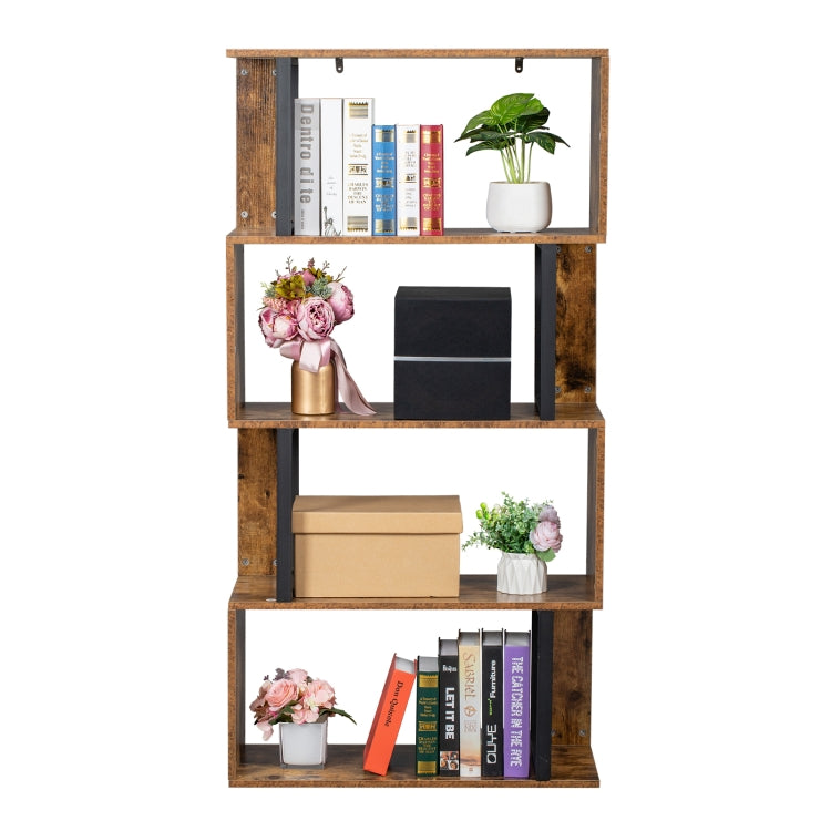 [US Warehouse] Vintage Industrial Style S-Shaped Bookshelf with 4 Tier Display Shelf, Size: 74.93x29.97x143.26cm