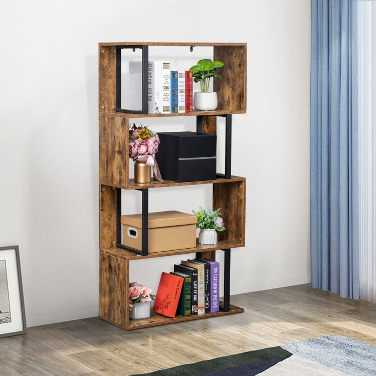 [US Warehouse] Vintage Industrial Style S-Shaped Bookshelf with 4 Tier Display Shelf, Size: 74.93x29.97x143.26cm