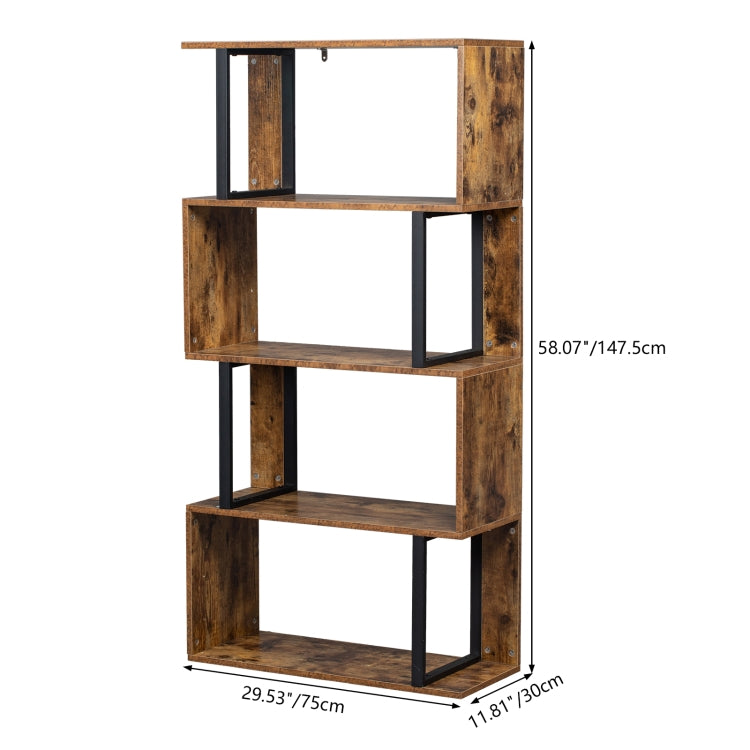 [US Warehouse] Vintage Industrial Style S-Shaped Bookshelf with 4 Tier Display Shelf, Size: 74.93x29.97x143.26cm