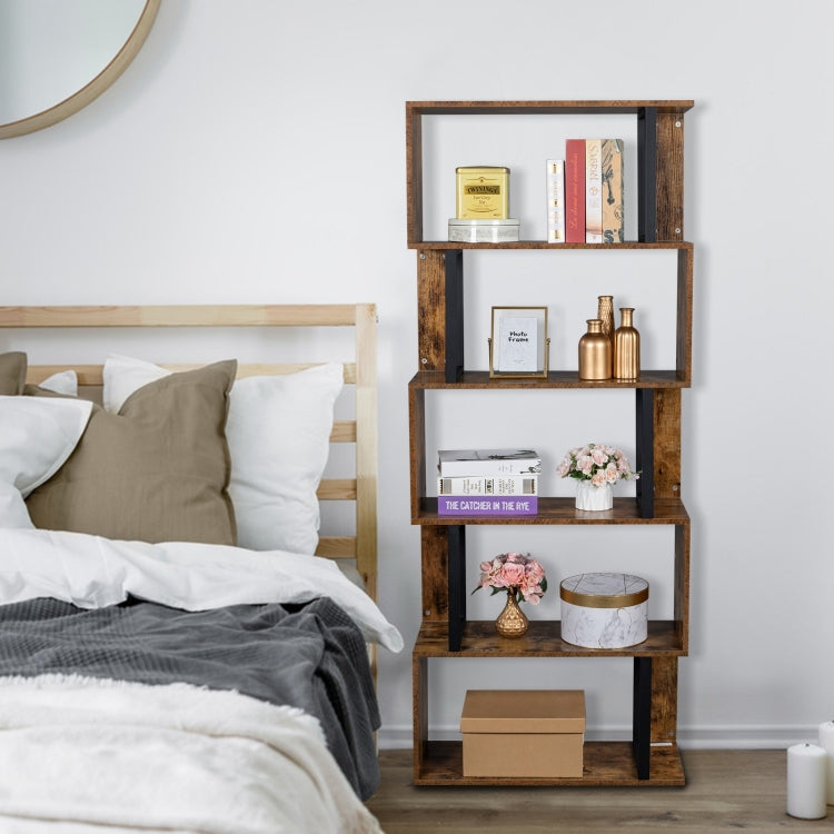 [US Warehouse] Vintage Industrial Style S-Shaped Bookshelf with 5 Tier Display Shelf, Size: 74.93x29.97x177.8cm