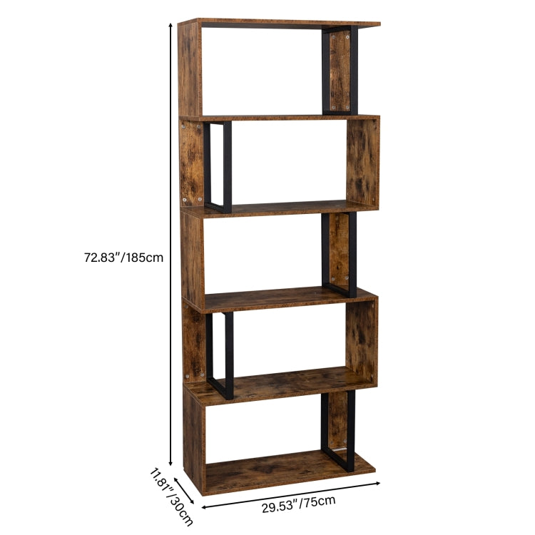 [US Warehouse] Vintage Industrial Style S-Shaped Bookshelf with 5 Tier Display Shelf, Size: 74.93x29.97x177.8cm