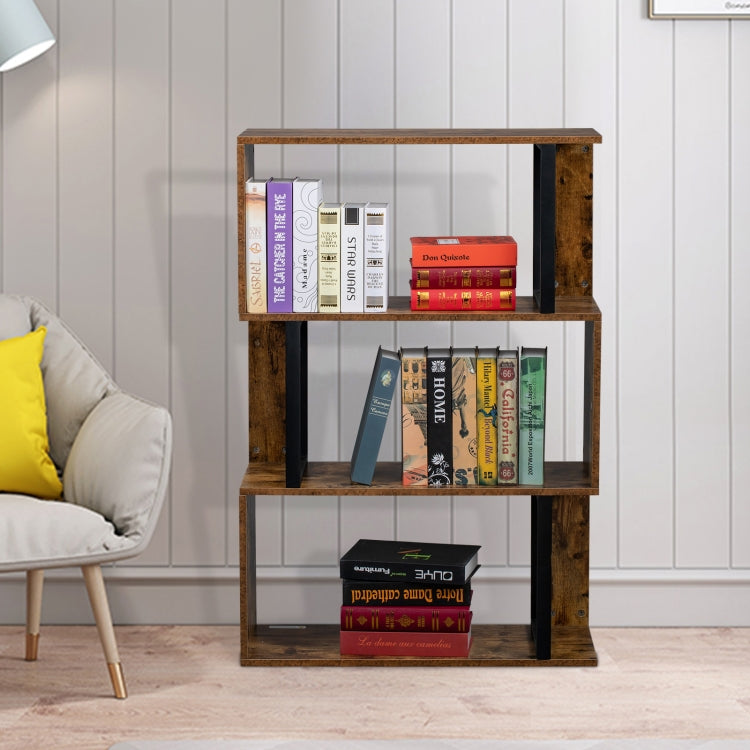 [US Warehouse] Vintage Industrial Style S-Shaped Bookshelf with 3 Tier Display Shelf, Size: 74.93x29.97x107.95cm