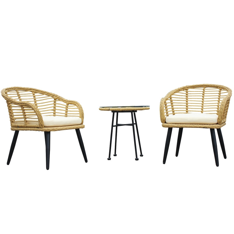 [US Warehouse] 3 in 1 Outdoor Terrace Wicker Chairs + Tempered Glass Table Set with Cushion