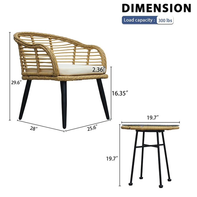 [US Warehouse] 3 in 1 Outdoor Terrace Wicker Chairs + Tempered Glass Table Set with Cushion