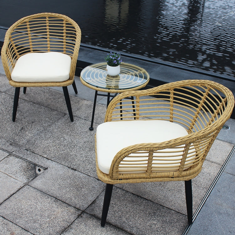 [US Warehouse] 3 in 1 Outdoor Terrace Wicker Chairs + Tempered Glass Table Set with Cushion