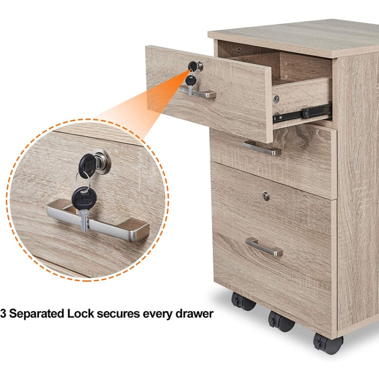 [US Warehouse] Rolling Wood File Cabinet with Lock & 3-Drawer, Size: 15.7x15.7x26 inch