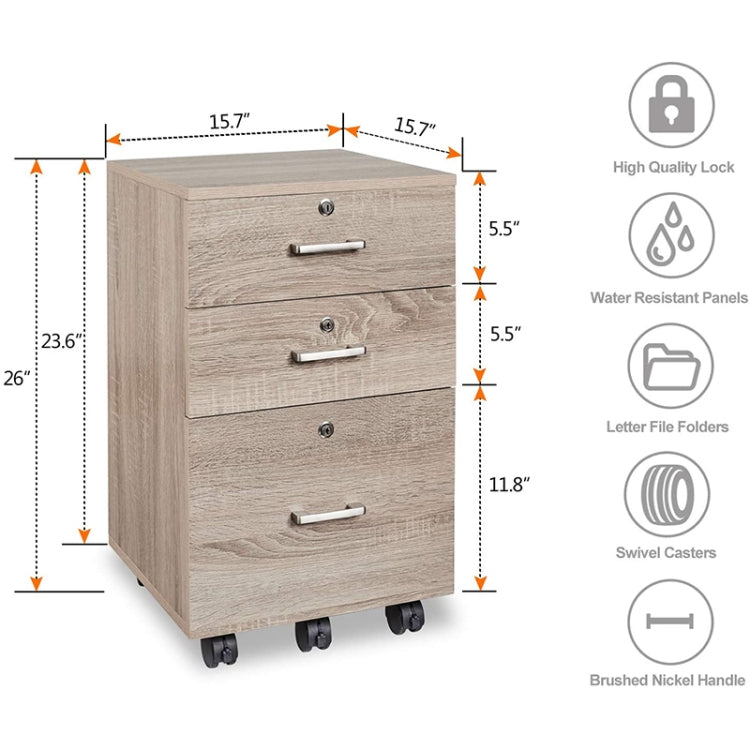 [US Warehouse] Rolling Wood File Cabinet with Lock & 3-Drawer, Size: 15.7x15.7x26 inch