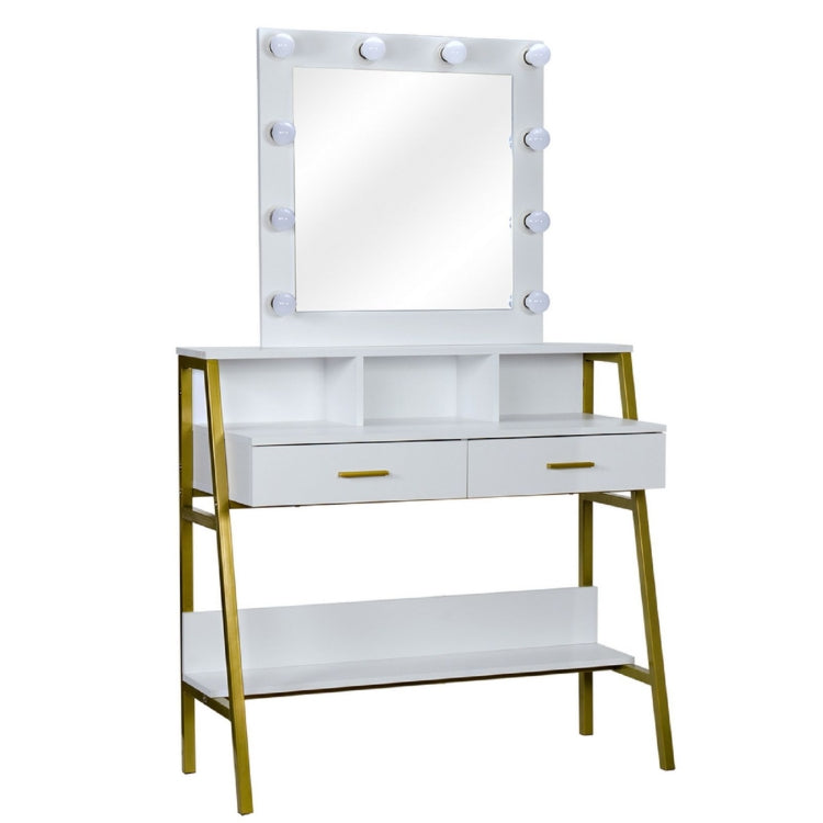 [US Warehouse] Steel Frame Dressing Table with Shelf & Light Bulb & Two Drawers