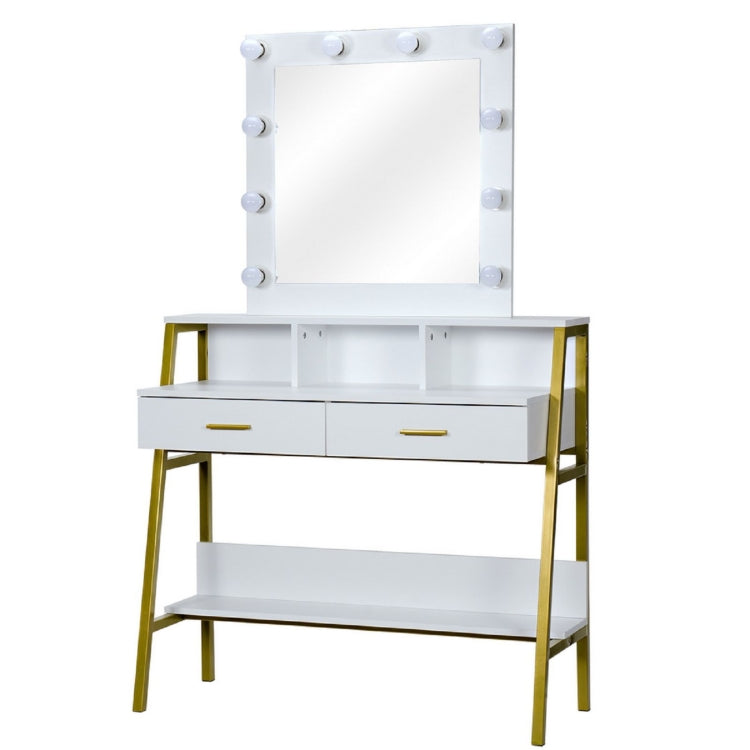 [US Warehouse] Steel Frame Dressing Table with Shelf & Light Bulb & Two Drawers