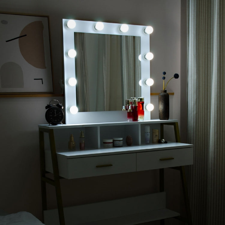 [US Warehouse] Steel Frame Dressing Table with Shelf & Light Bulb & Two Drawers