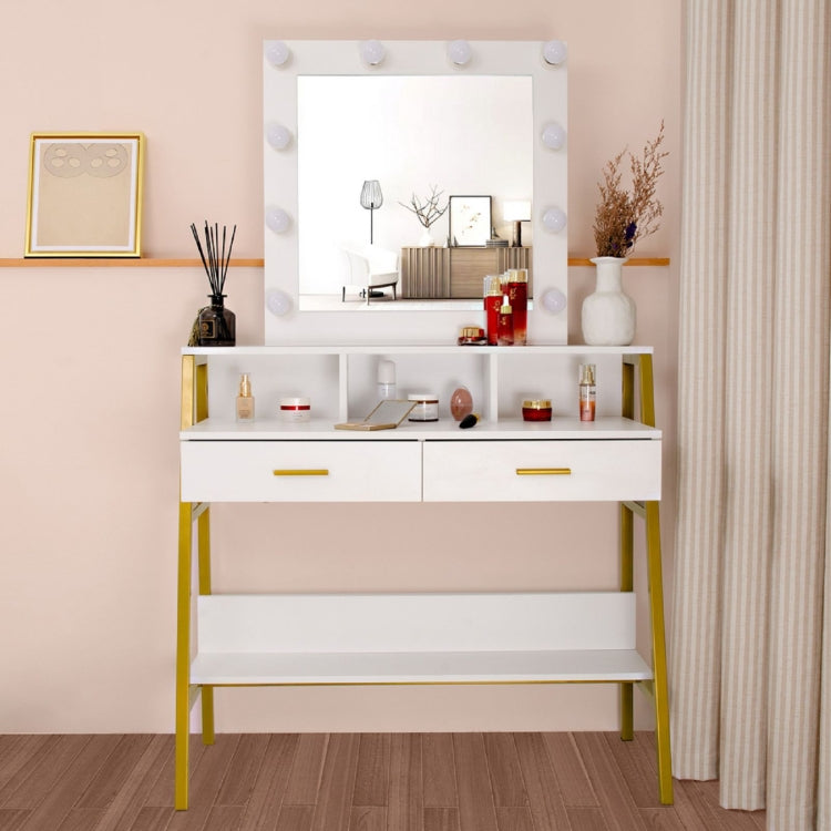 [US Warehouse] Steel Frame Dressing Table with Shelf & Light Bulb & Two Drawers