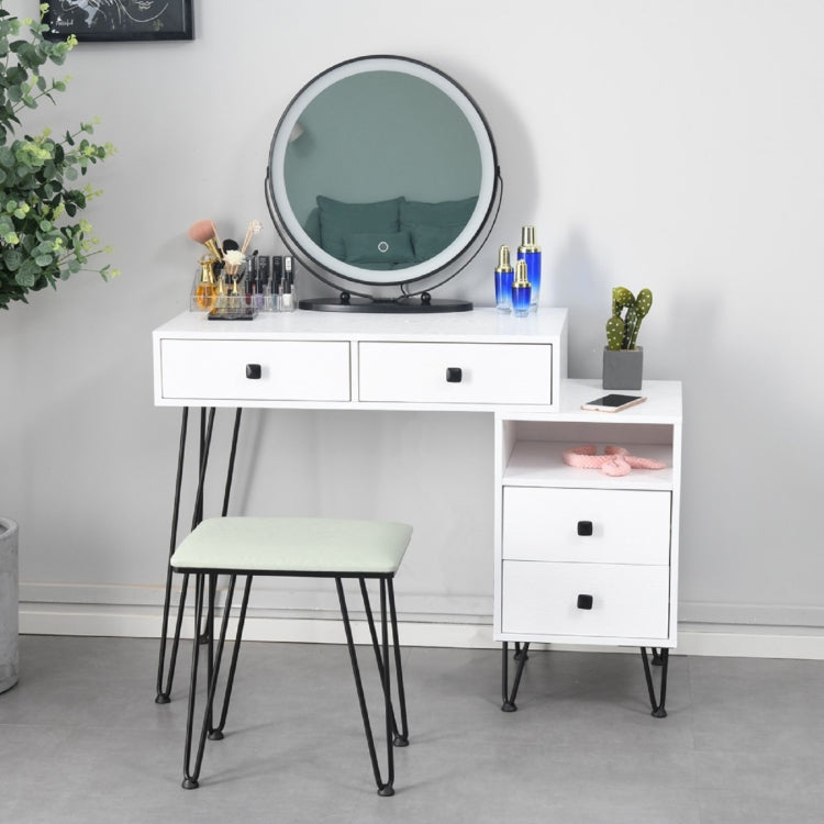 [US Warehouse] Bedroom Iron Dresser with Solid Wood Makeup Desk Storage Cabinet & Stool
